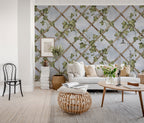 Ivy Trellis wall mural by Rebel Walls in Blue, styled room