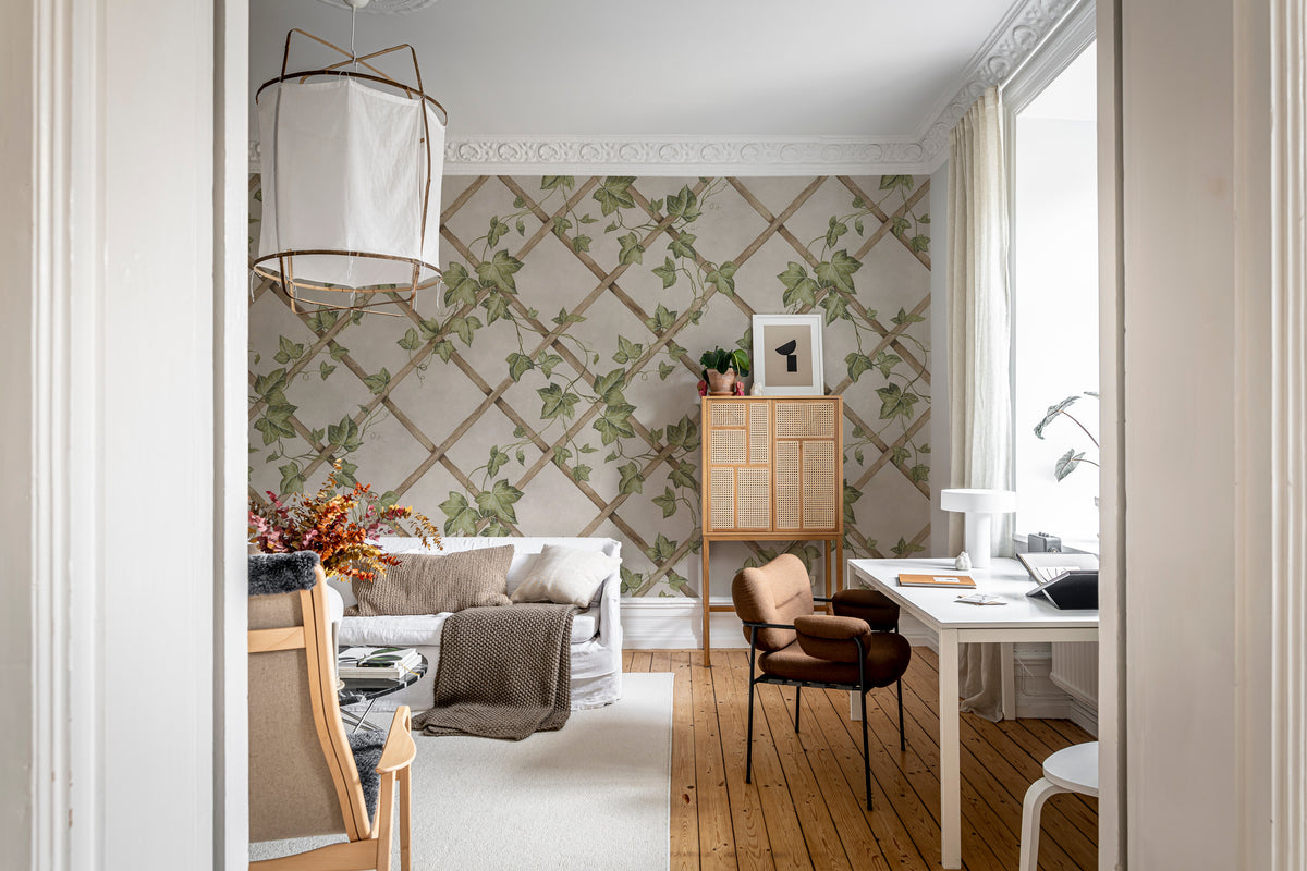 Ivy Trellis wall mural by Rebel Walls in Beige, styled room
