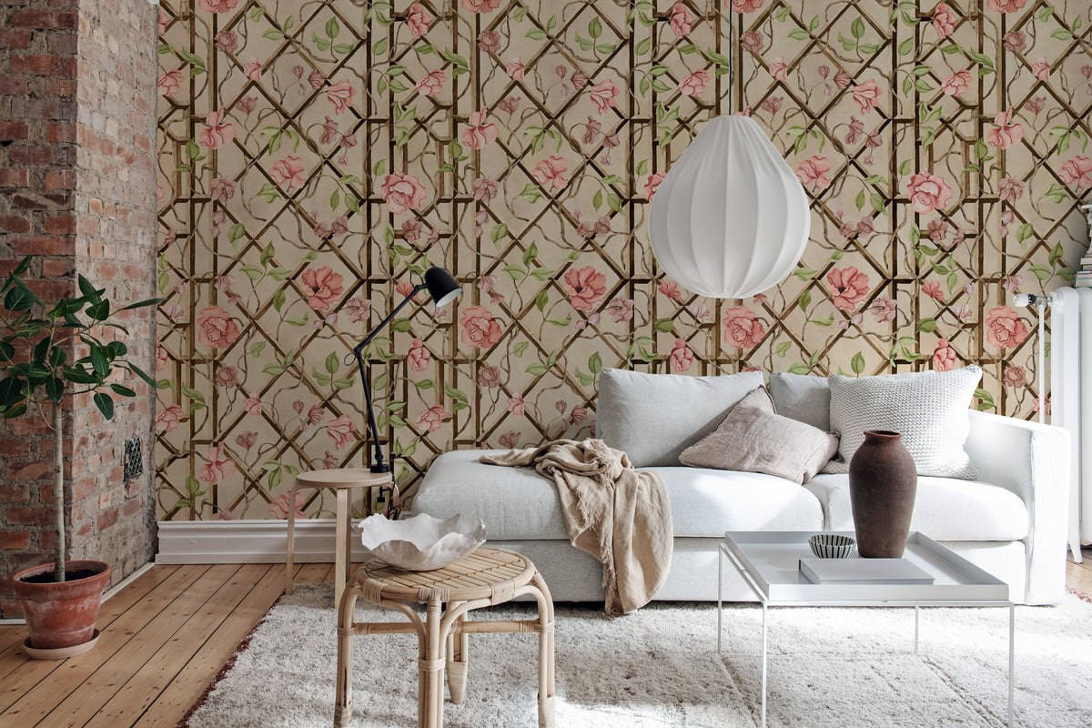 Garden of Secrets wall mural by Rebel Walls in Pink, styled room
