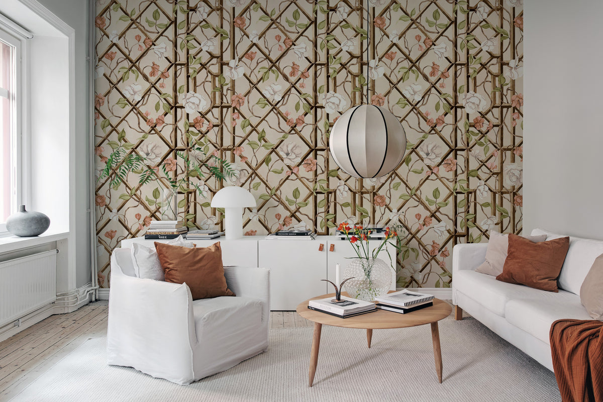 Garden of Secrets wall mural by Rebel Walls in Pink – Blush, styled room