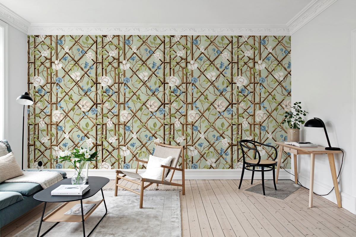 Garden of Secrets wall mural by Rebel Walls in Green, styled room