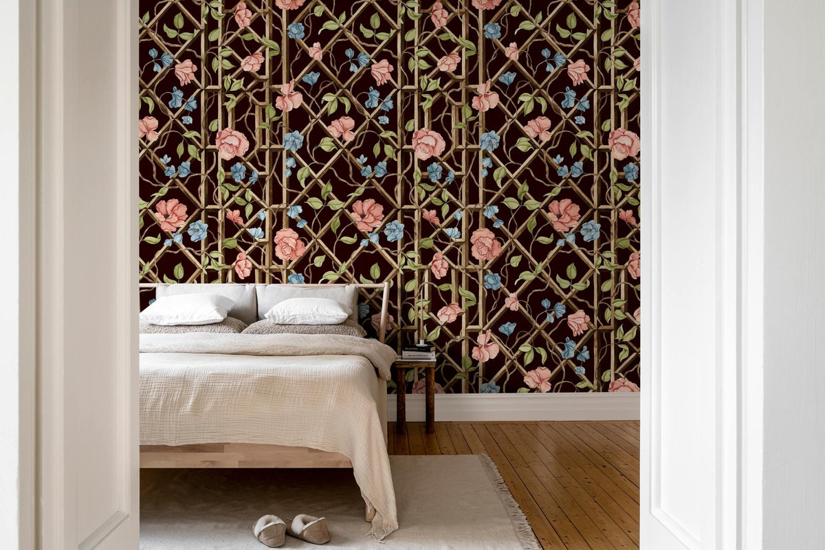 Garden of Secrets wall mural by Rebel Walls in Black, styled room