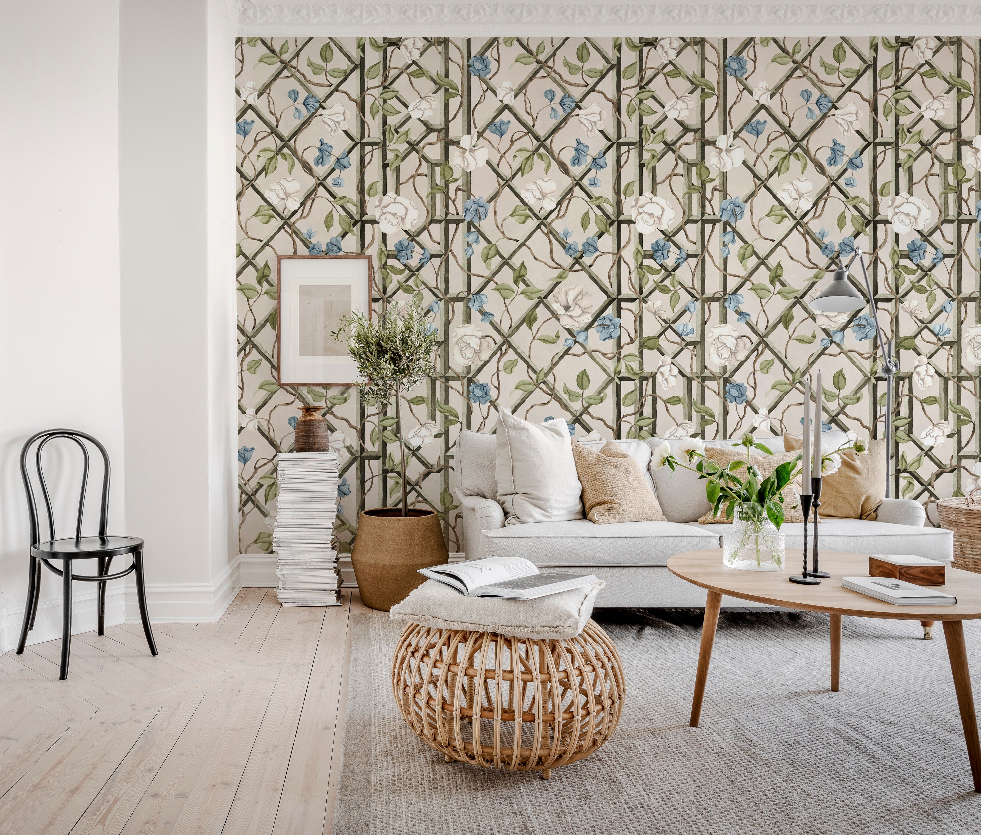 Garden of Secrets wall mural by Rebel Walls in Blue, styled room