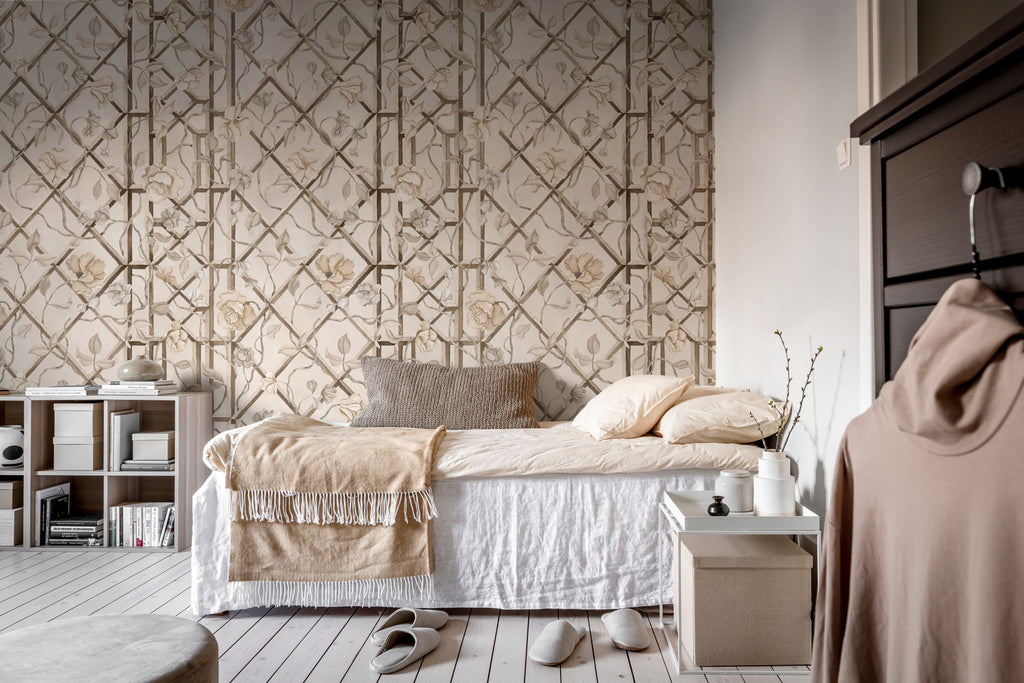 Garden of Secrets wall mural by Rebel Walls in Beige, styled room