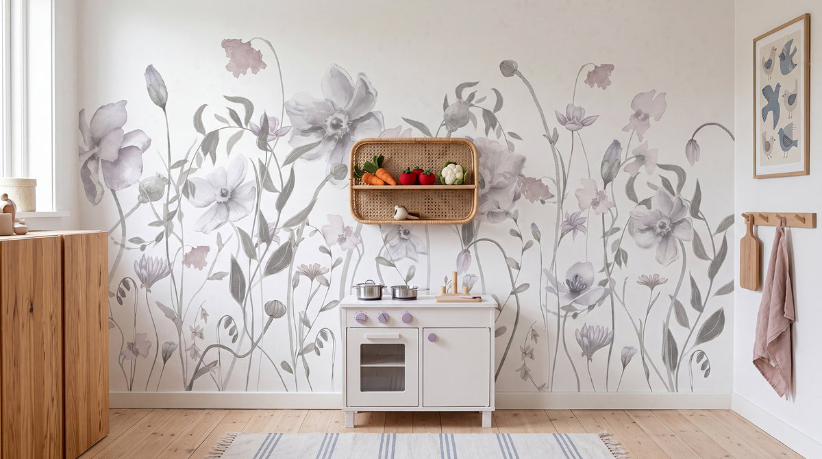 Spring Garden wall mural by Rebel Walls in Grey, styled room