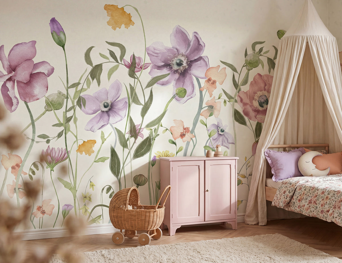 Spring Garden wall mural by Rebel Walls in Pink, styled room