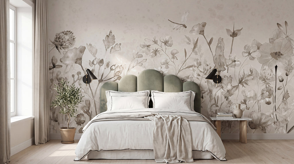Dreamy Garden wall mural by Rebel Walls in Grey, styled room