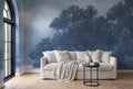 Tranquil Forest wall mural by Rebel Walls in Blue, styled room