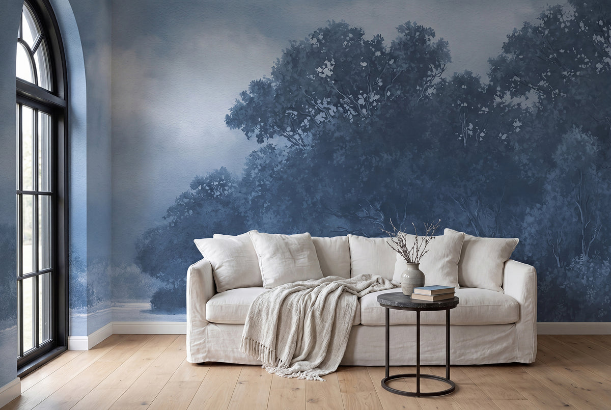 Tranquil Forest wall mural by Rebel Walls in Blue, styled room