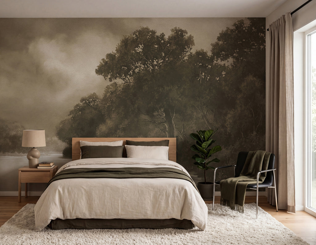 Tranquil Forest wall mural by Rebel Walls in Beige, styled room