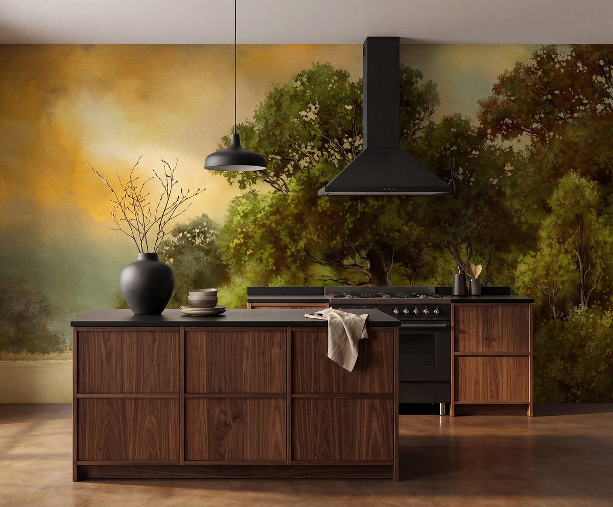 Tranquil Forest wall mural by Rebel Walls in Green, styled room