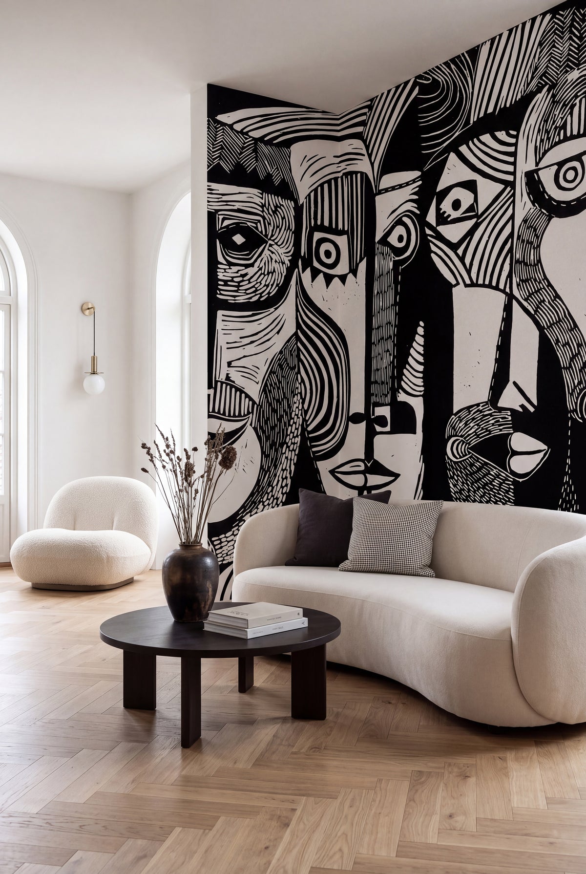 Artistic Faces wall mural by Rebel Walls in Black, styled room