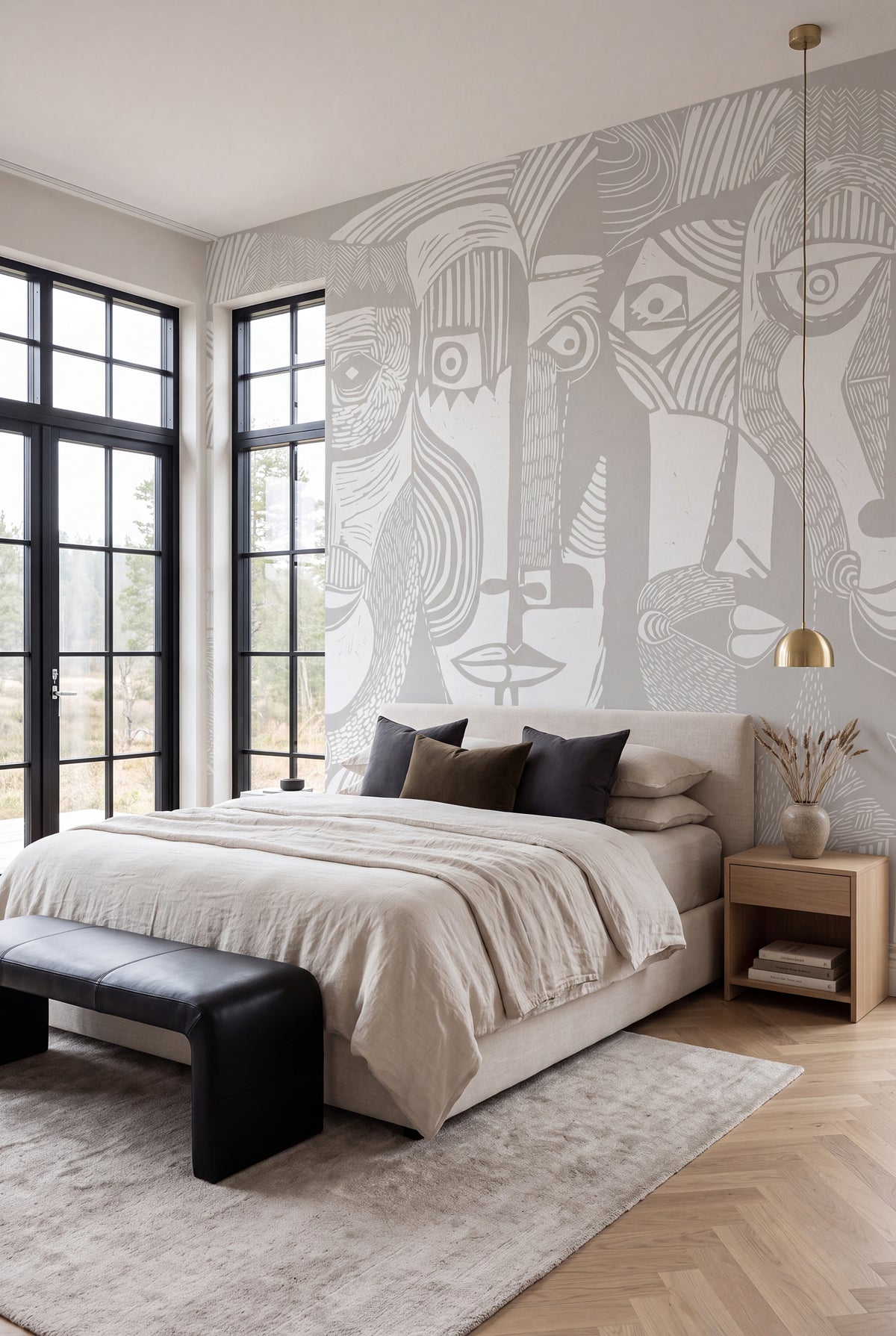 Artistic Faces wall mural by Rebel Walls in White, styled room