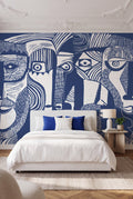 Artistic Faces wall mural by Rebel Walls in Blue, styled room