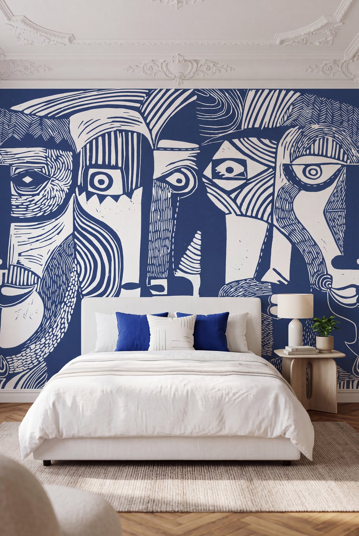 Artistic Faces wall mural by Rebel Walls in Blue, styled room