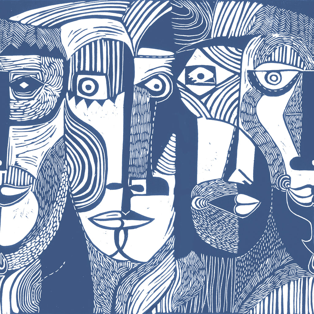 Artistic Faces wall mural by Rebel Walls in Blue, flat swatch