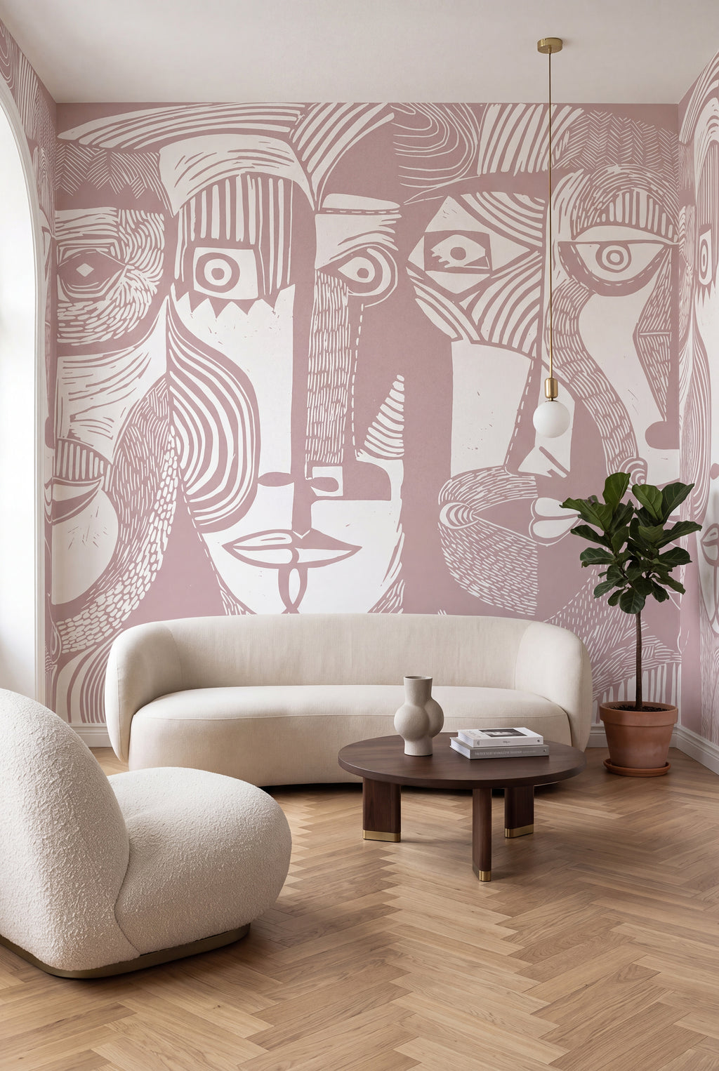Artistic Faces wall mural by Rebel Walls in Pink, styled room