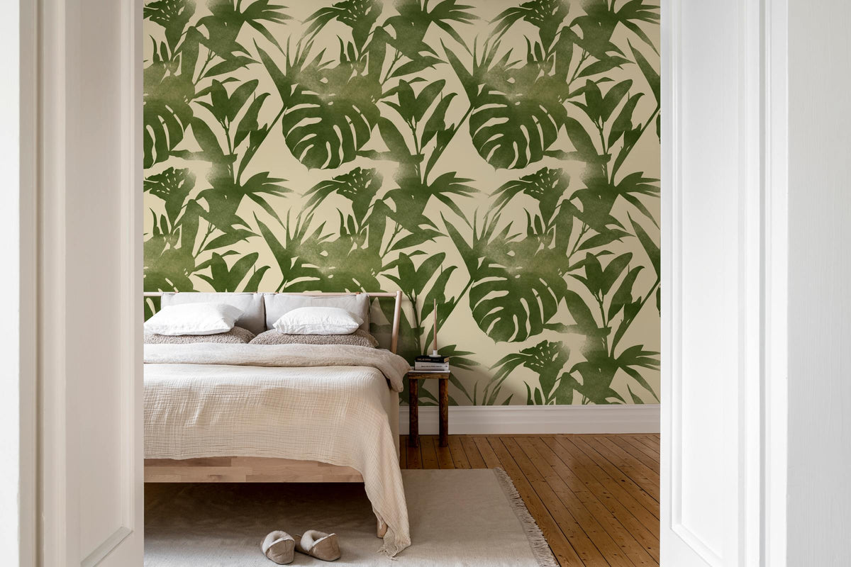 Shapes of Leaves wall mural by Rebel Walls in Green, styled room