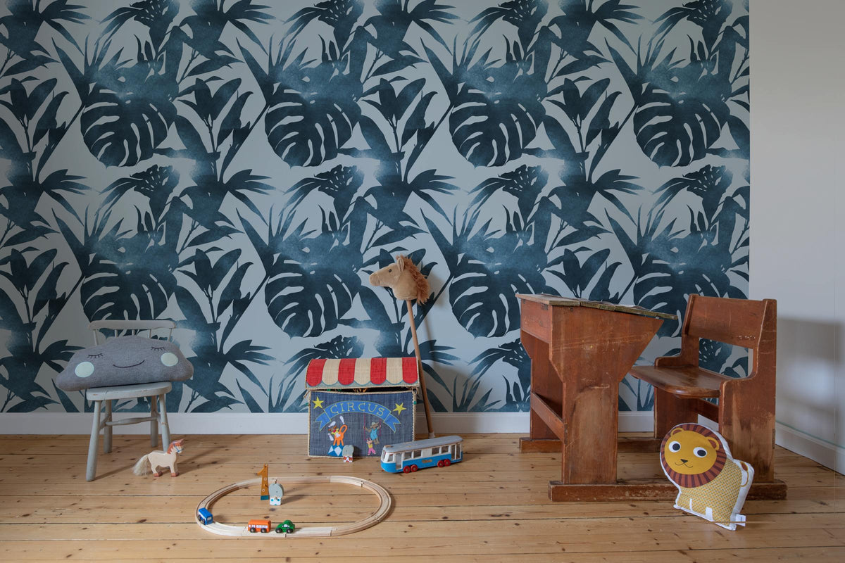 Shapes of Leaves wall mural by Rebel Walls in Blue, styled room