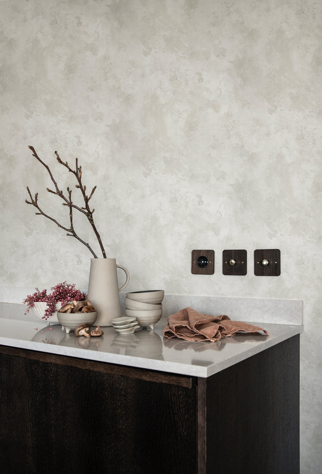 Rost wallpaper by Sandberg in Sandstone, styled on an interior wall