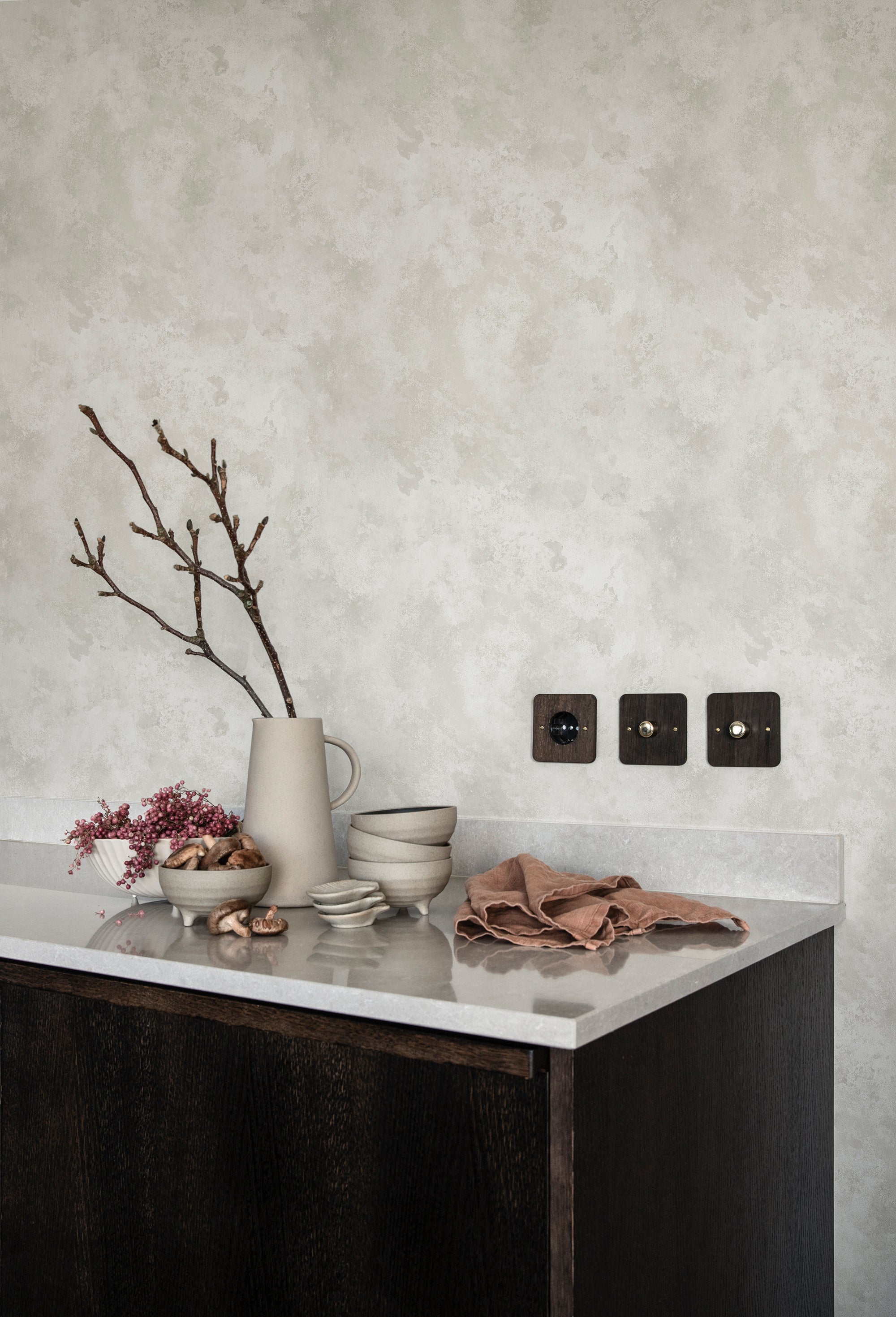 Rost wallpaper by Sandberg in Sandstone, styled on an interior wall