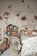 Morängen Floral wall mural by Sandberg in sepia, soft brown watercolour poppies in a childs bedroom with a rattan bed