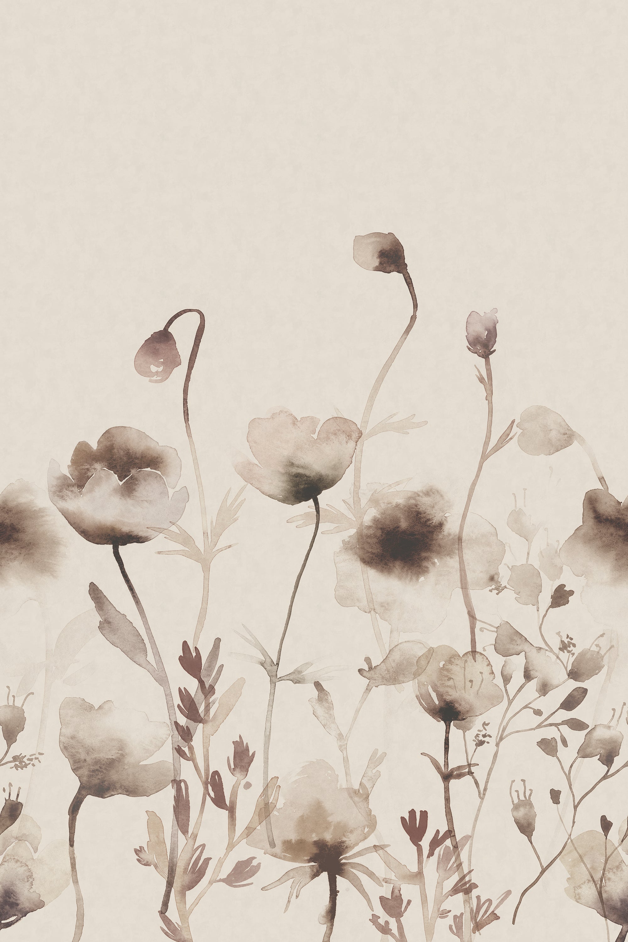 Morängen Floral wall mural by Sandberg shown flat in sepia, soft brown watercolour poppies on a cream ground