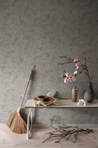 Anna wallpaper by Sandberg in Misty Blue, styled on an interior wall