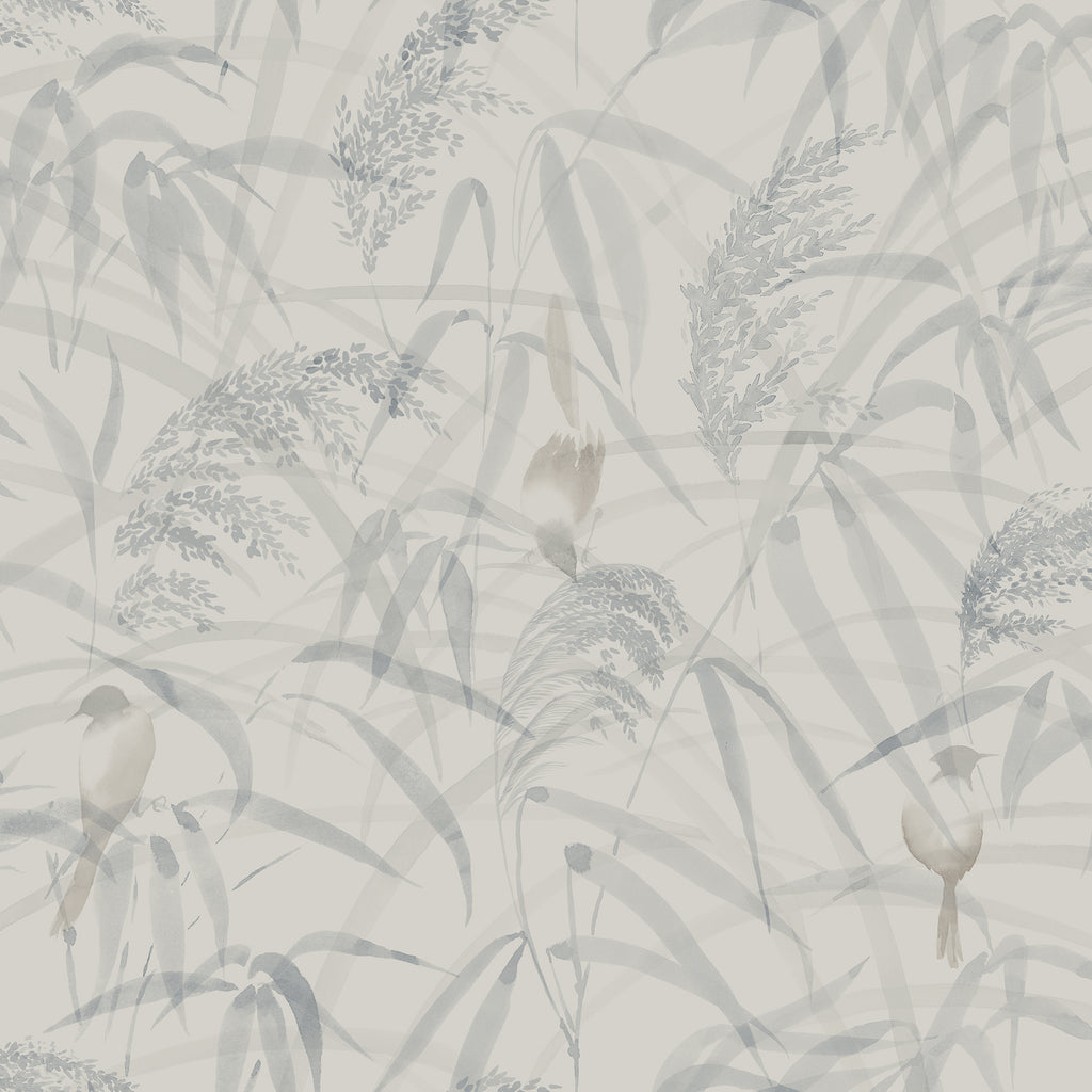 Anna wallpaper by Sandberg, soft watercolour reeds and birds in cool dove grey, flat swatch