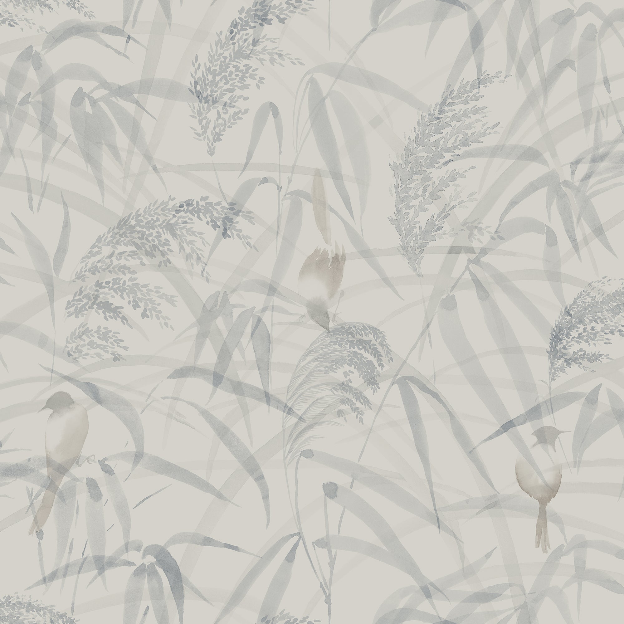 Anna wallpaper by Sandberg, soft watercolour reeds and birds in cool dove grey, flat swatch