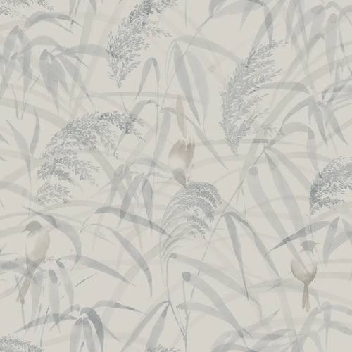 Anna wallpaper by Sandberg, soft watercolour reeds and birds in cool dove grey, flat swatch