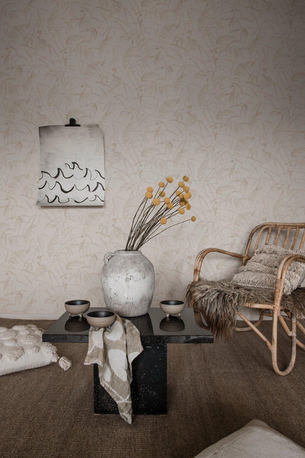 Anna wallpaper by Sandberg in Sandstone, styled on an interior wall