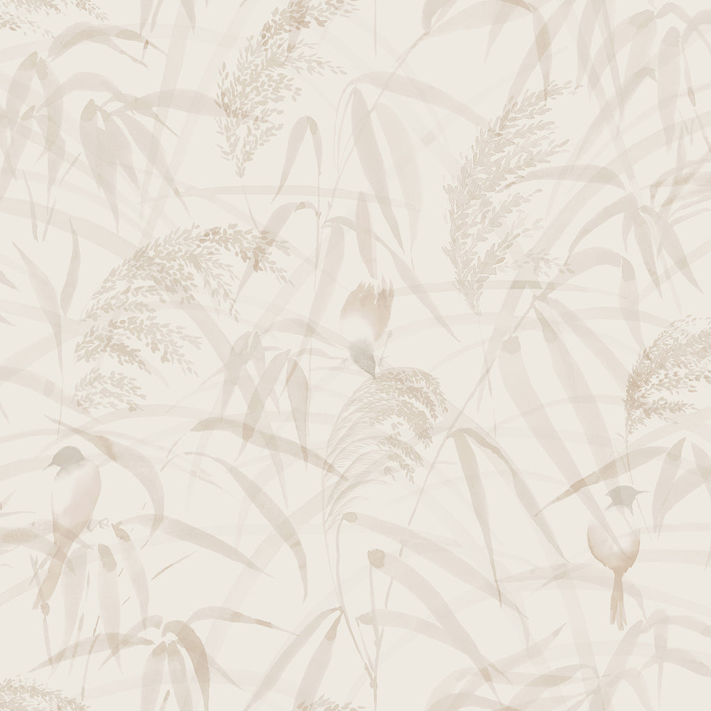 Anna wallpaper by Sandberg, delicate watercolour reeds and birds in pale cream, flat swatch