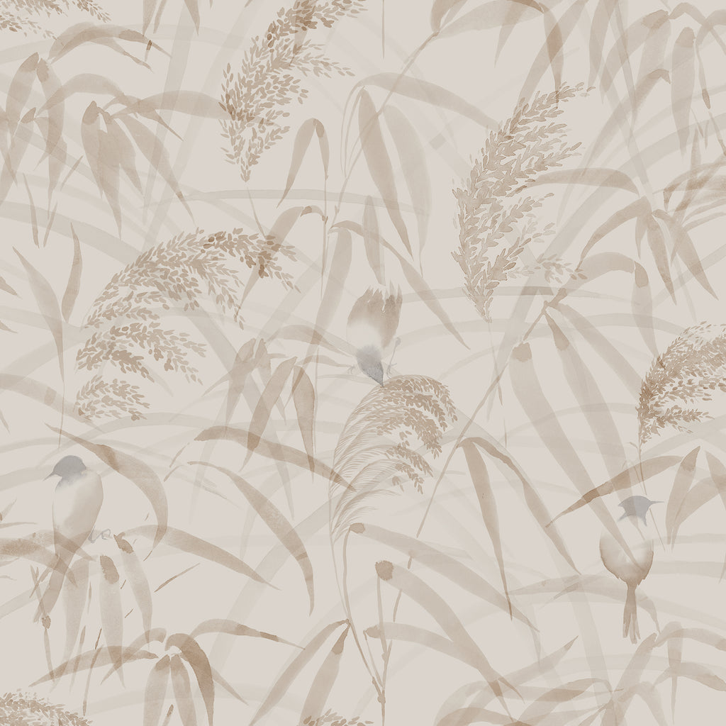 Anna wallpaper by Sandberg, watercolour reeds and grasses with small birds in warm beige, flat swatch