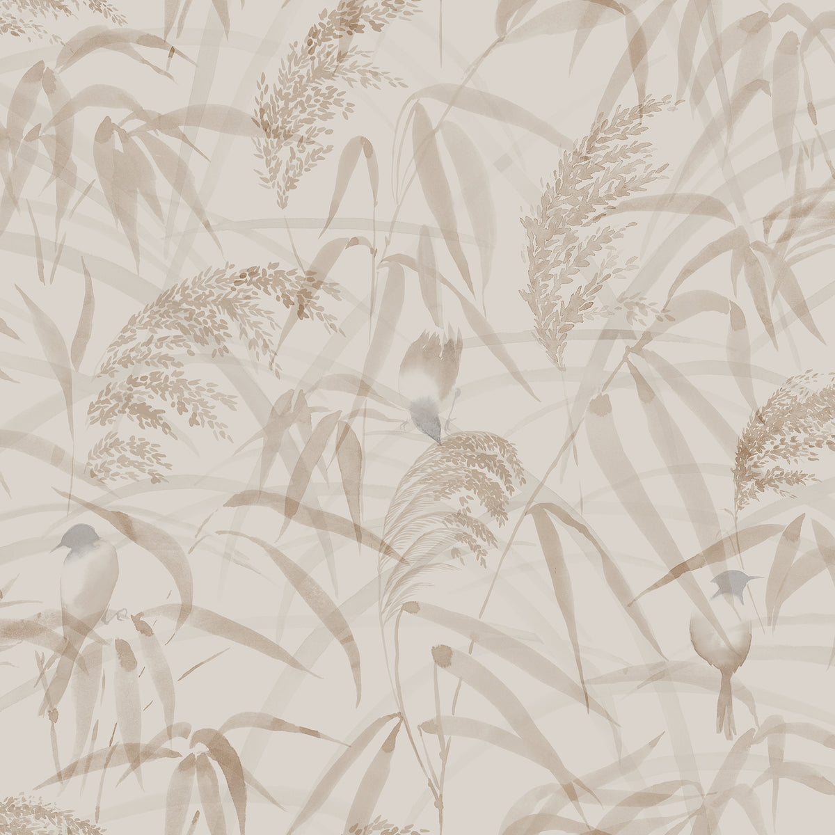 Anna wallpaper by Sandberg, watercolour reeds and grasses with small birds in warm beige, flat swatch
