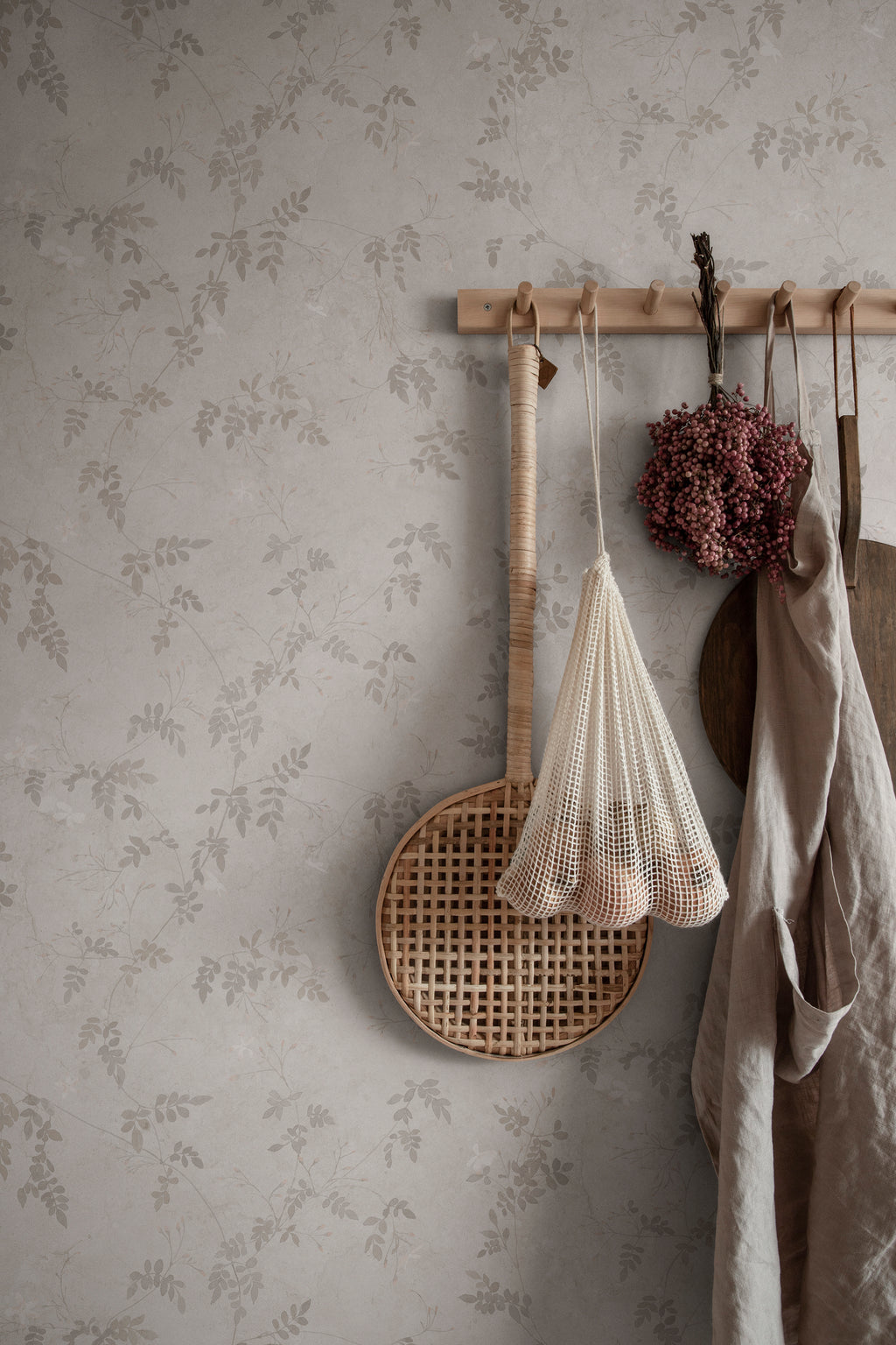 Irene wallpaper by Sandberg in Sandstone, styled on an interior wall