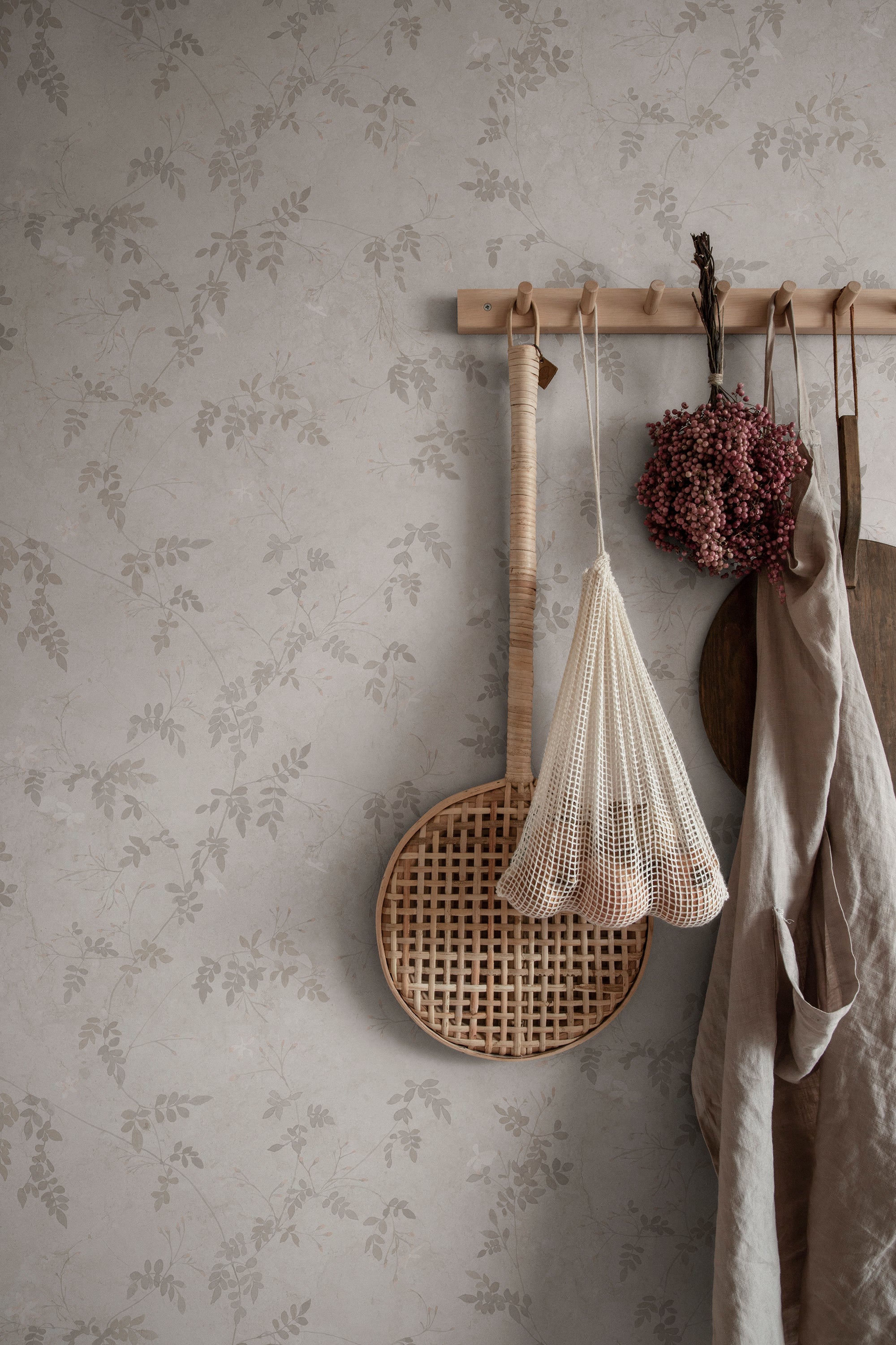 Irene wallpaper by Sandberg in Sandstone, styled on an interior wall