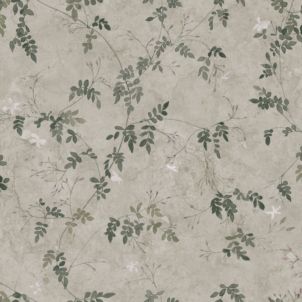 Irene wallpaper by Sandberg, soft green trailing jasmine vines on greige, flat swatch colourway