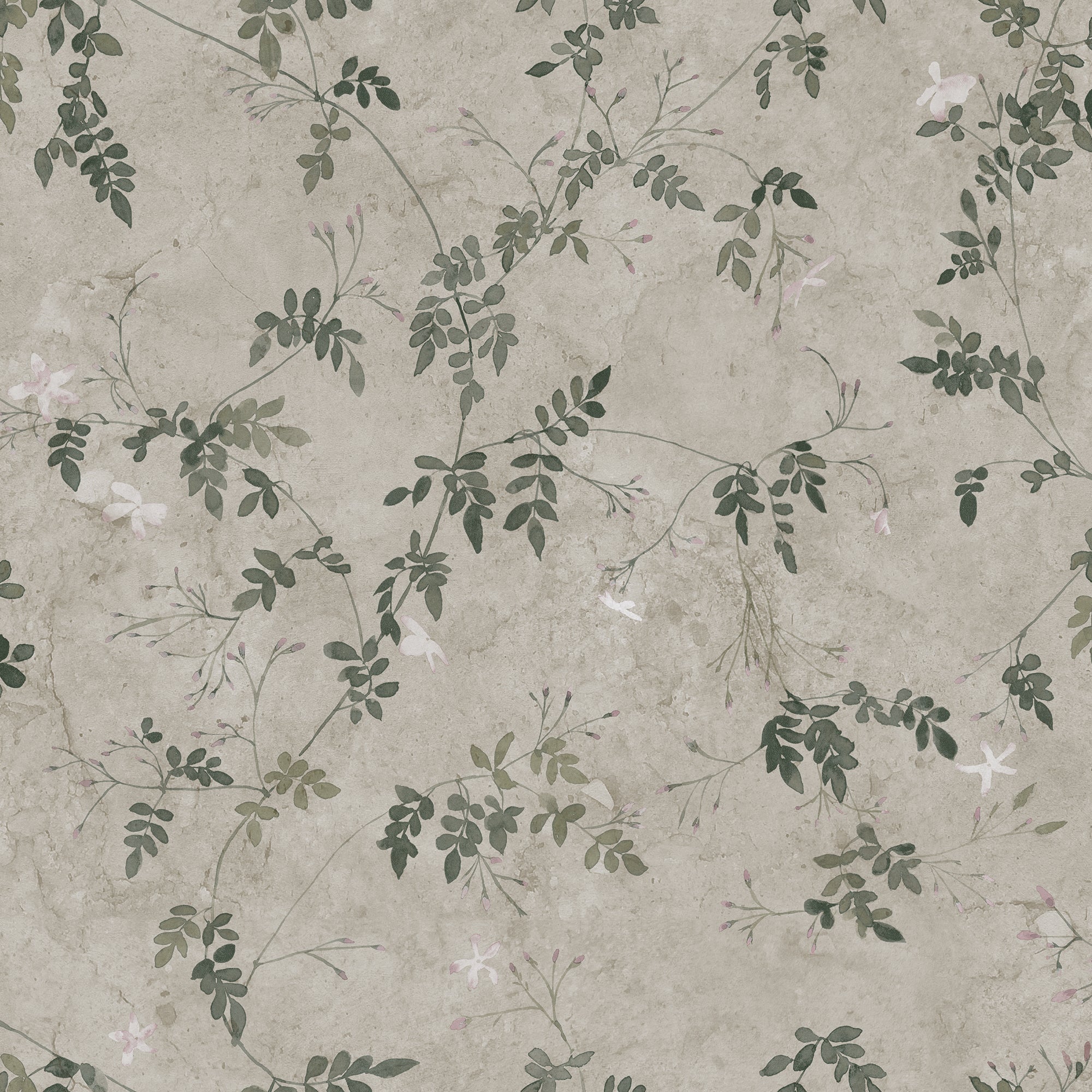 Irene wallpaper by Sandberg, soft green trailing jasmine vines on greige, flat swatch colourway