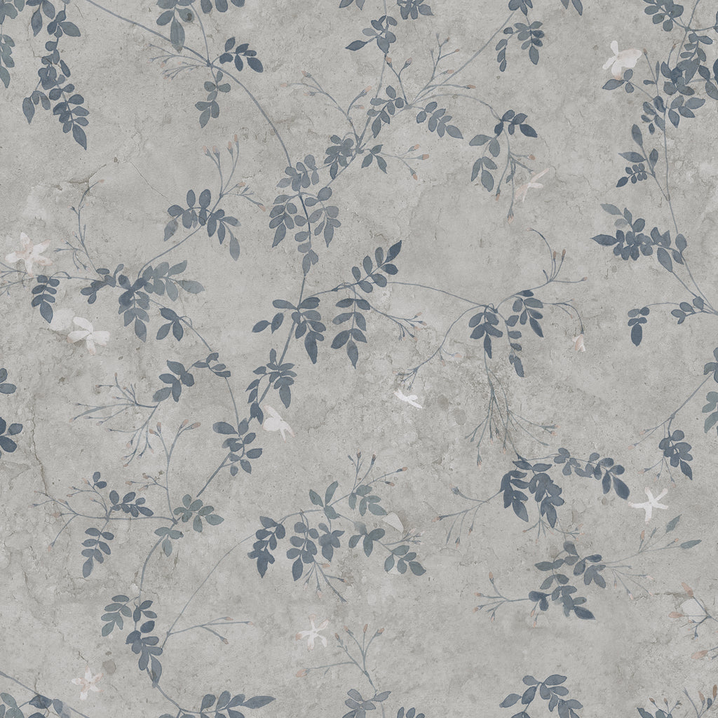 Irene wallpaper by Sandberg, trailing blue-grey jasmine vines on a textured grey plaster ground, flat swatch