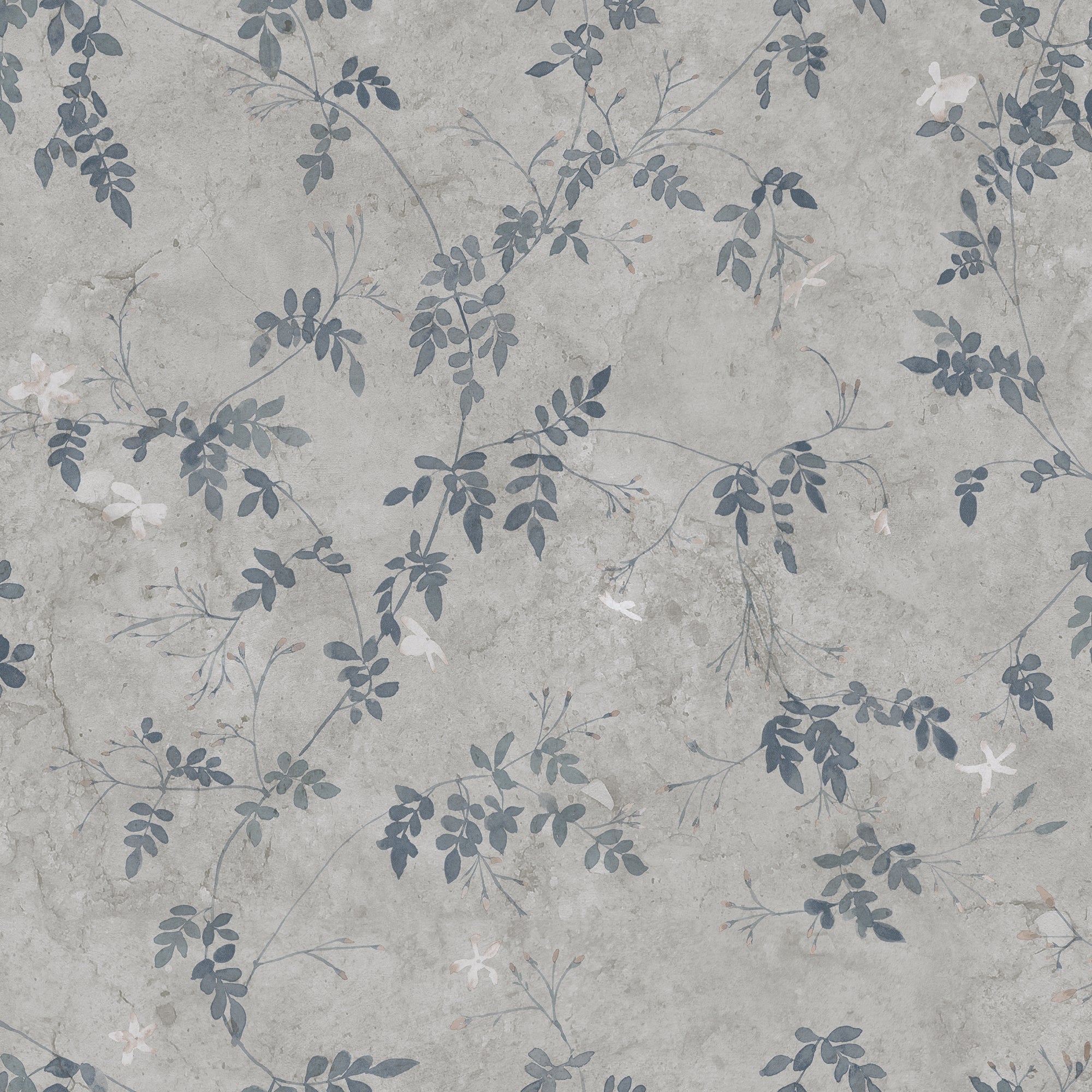 Irene wallpaper by Sandberg, trailing blue-grey jasmine vines on a textured grey plaster ground, flat swatch