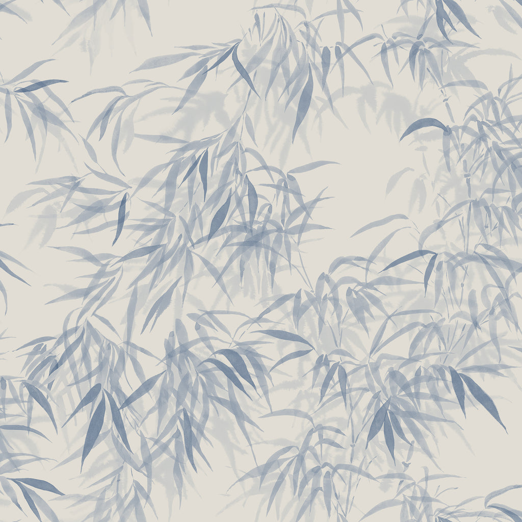 Jon wallpaper by Sandberg, soft watercolour bamboo leaves in dusty blue on a pale ivory ground, flat roll swatch