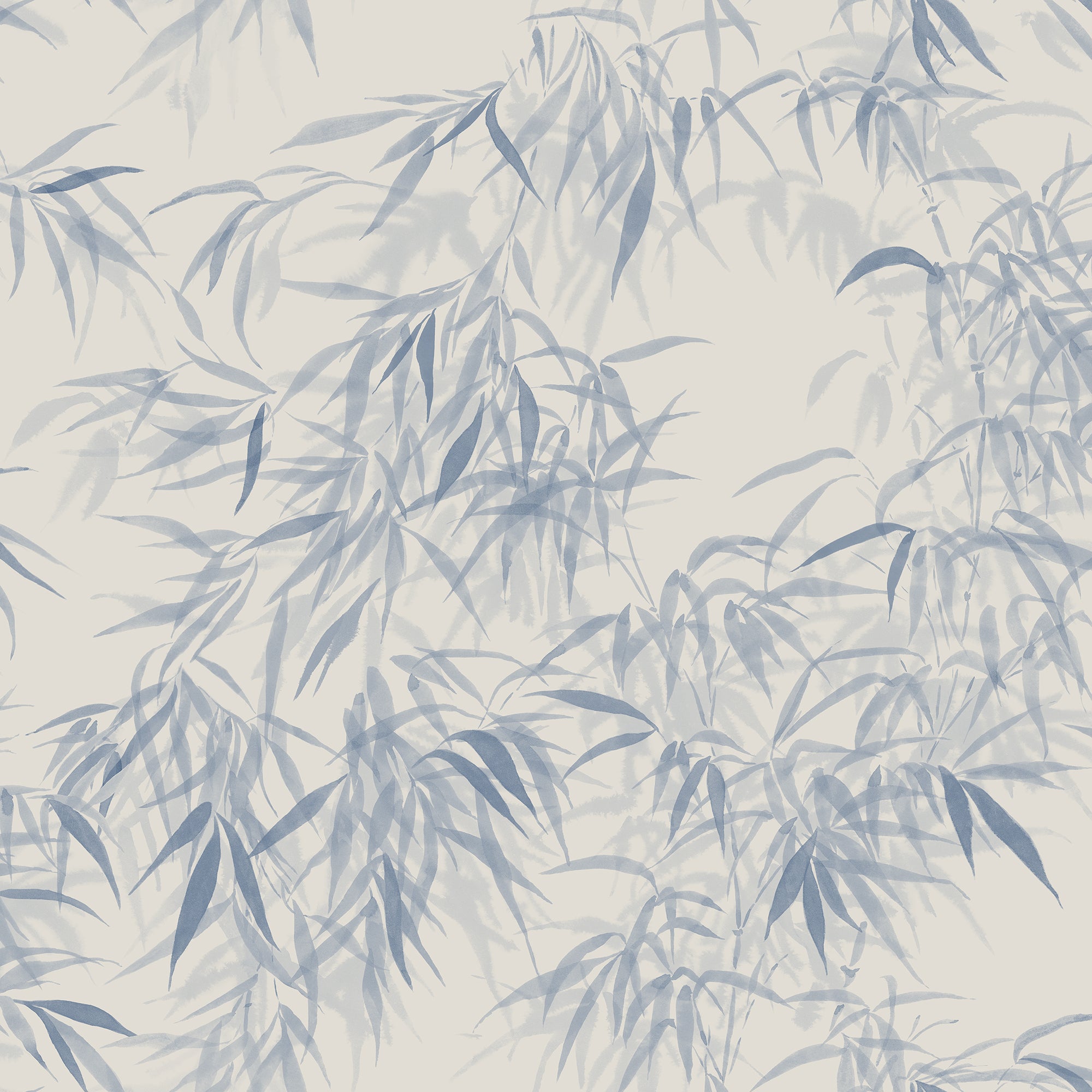 Jon wallpaper by Sandberg, soft watercolour bamboo leaves in dusty blue on a pale ivory ground, flat roll swatch