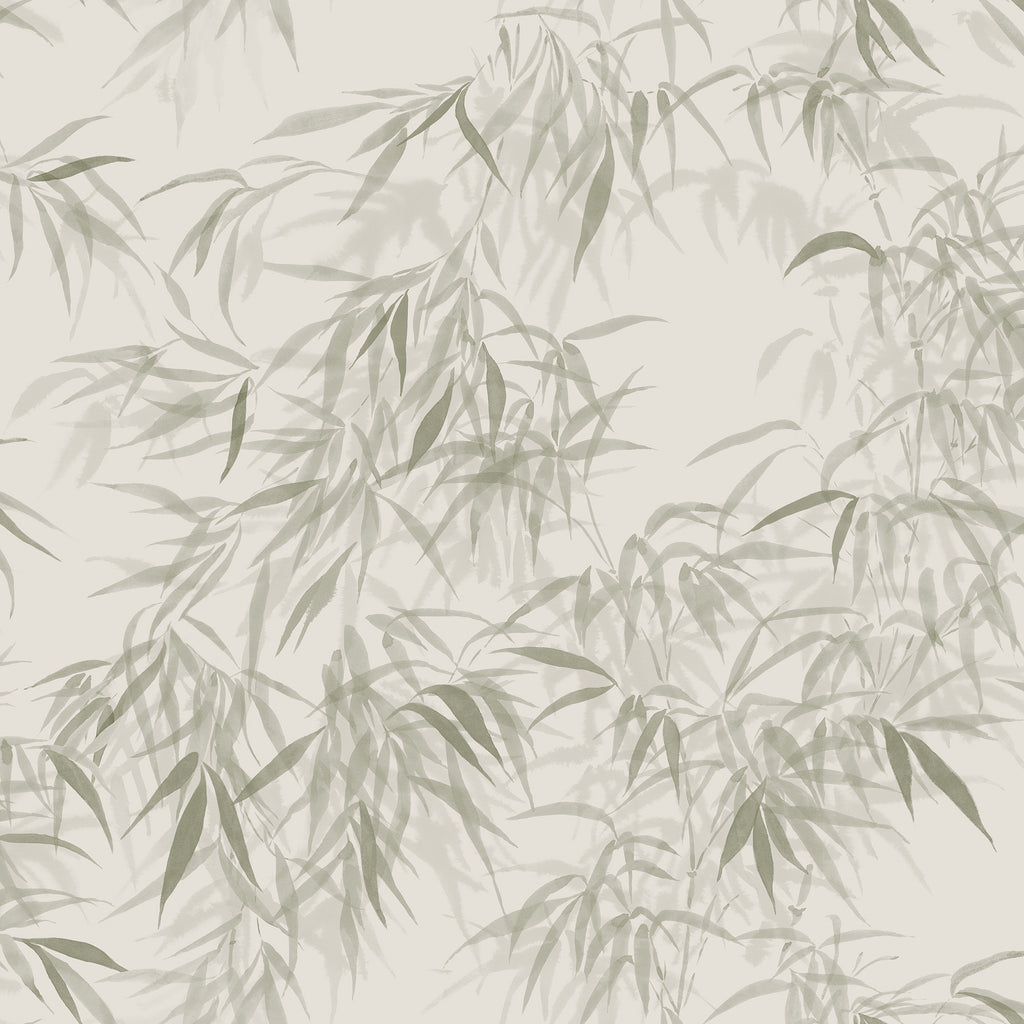 Jon wallpaper by Sandberg, soft watercolour bamboo leaves in muted sage green on a pale cream ground, flat roll swatch