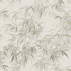 Jon wallpaper by Sandberg, soft watercolour bamboo leaves in muted sage green on a pale cream ground, flat roll swatch
