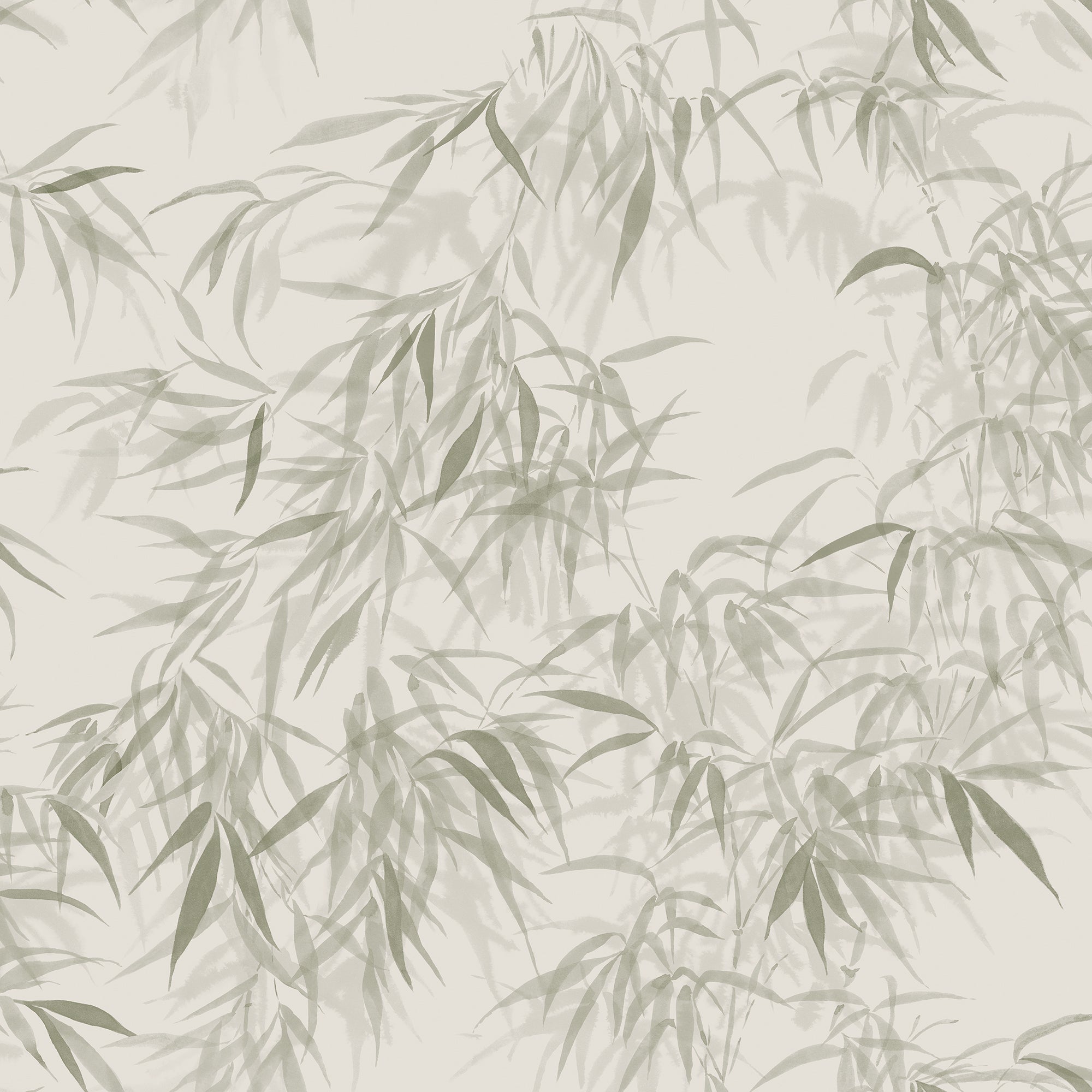 Jon wallpaper by Sandberg, soft watercolour bamboo leaves in muted sage green on a pale cream ground, flat roll swatch