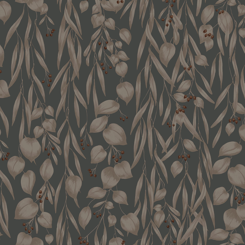 Sara wallpaper by Sandberg, flat swatch of cascading eucalyptus leaves and berries in warm taupe on a charcoal grey ground