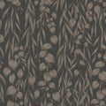 Sara wallpaper by Sandberg, flat swatch of cascading eucalyptus leaves and berries in warm taupe on a charcoal grey ground