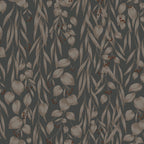 Sara wallpaper by Sandberg, flat swatch of cascading eucalyptus leaves and berries in warm taupe on a charcoal grey ground