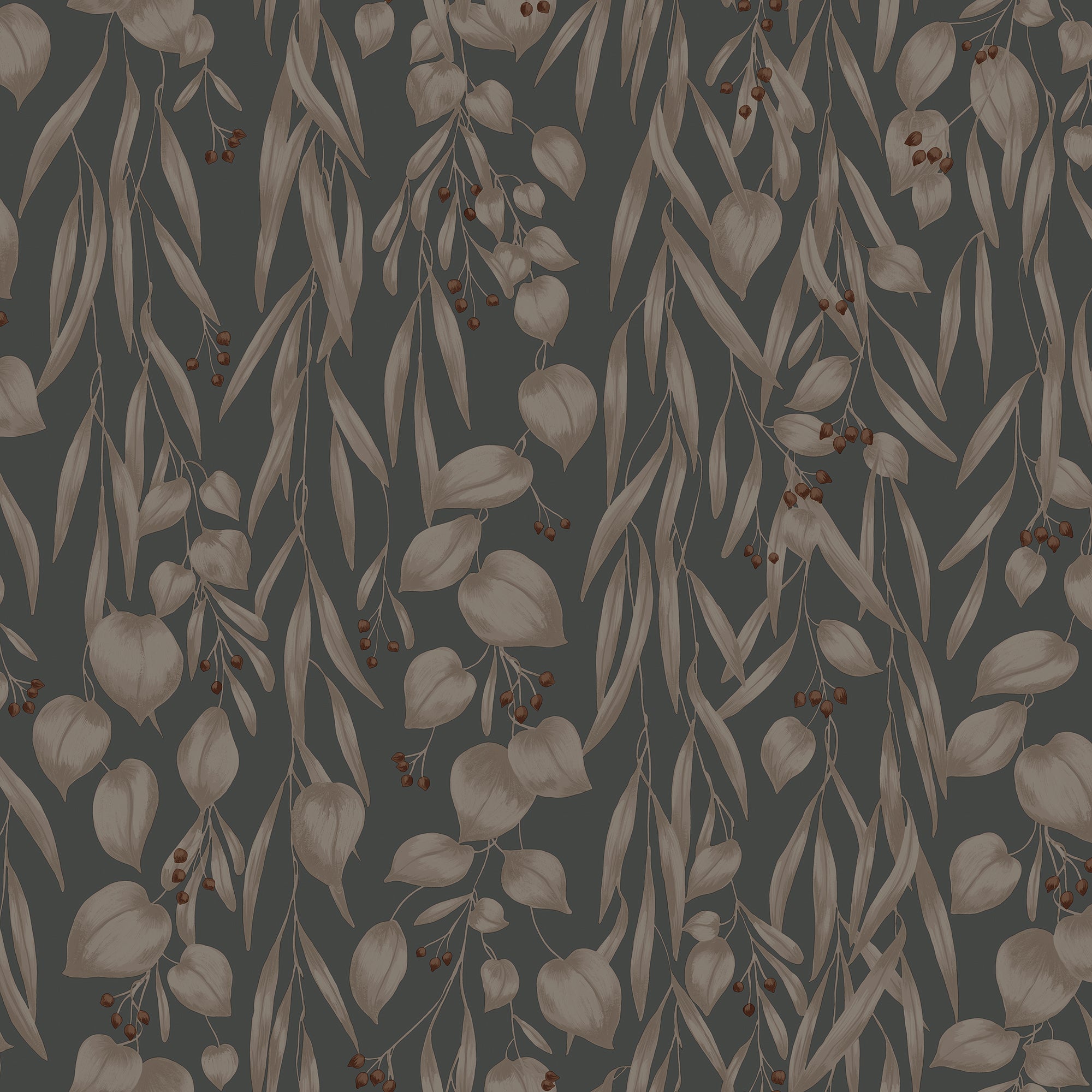Sara wallpaper by Sandberg, flat swatch of cascading eucalyptus leaves and berries in warm taupe on a charcoal grey ground